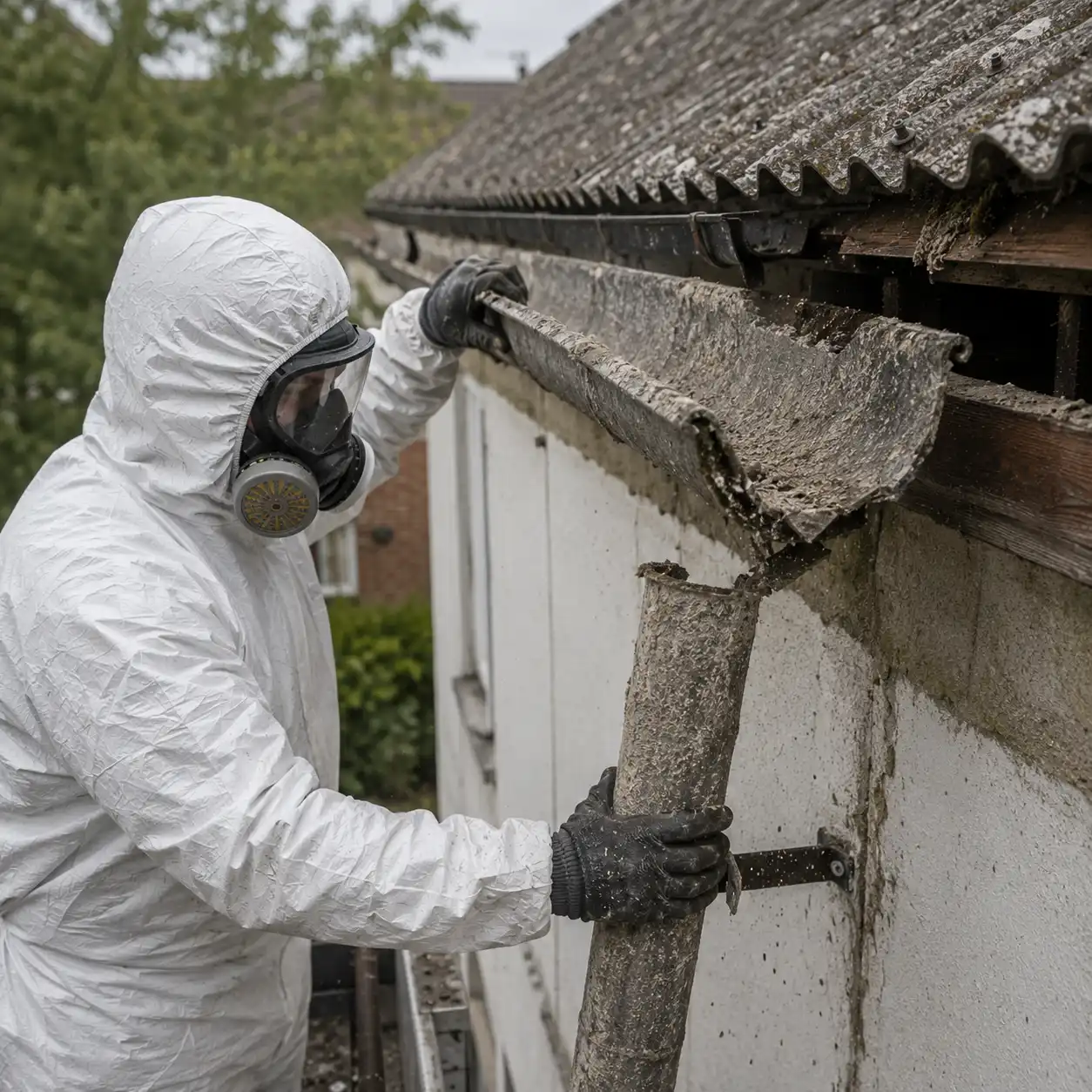 A trained asbestos removal operative in full PPE dismantling an old asbestos cement guttering section and downpipe from a building roofline in Surrey.