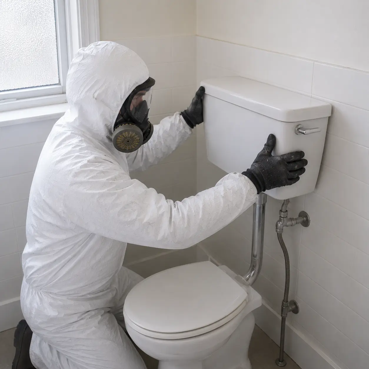 A trained asbestos removal operative in full PPE carefully disconnecting an asbestos-reinforced toilet cistern in a Surrey residential bathroom.