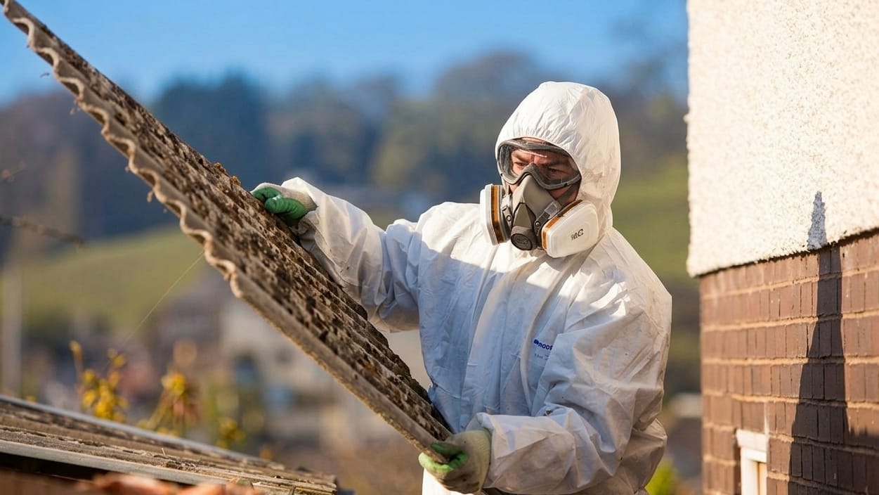 UKATA-trained operative in full PPE carefully lifting a degraded corrugated asbestos cement sheet from a Surrey residential property