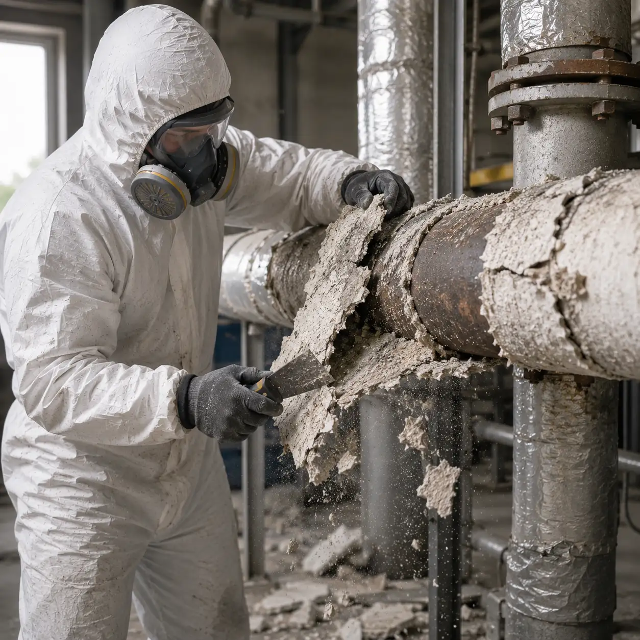 A fully licensed asbestos removal operative in full PPE carefully stripping degraded asbestos lagging from heating system pipework in Surrey.