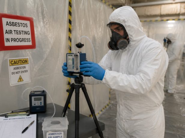 UKAS-accredited analyst operating air monitoring equipment inside a sealed asbestos enclosure during 4-stage clearance testing in Surrey