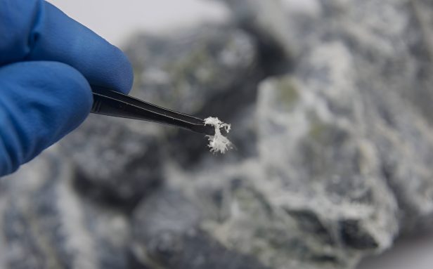 Close-up of asbestos fibres extracted from a material sample during a professional asbestos survey in Surrey