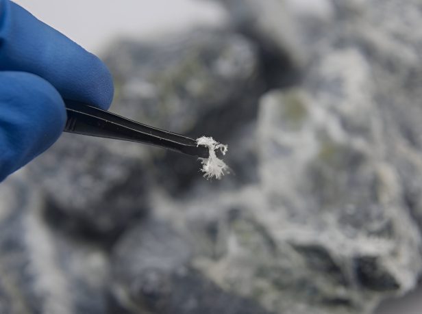 Close-up of asbestos fibres extracted from a material sample during a professional asbestos survey in Surrey