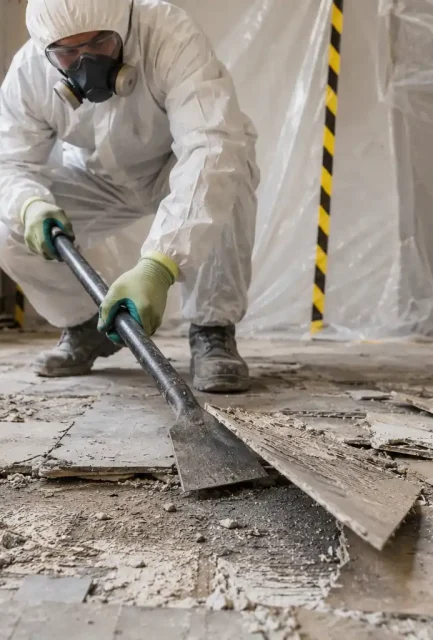A UKATA-trained operative in full protective clothing and respirator using a specialist scraping tool to remove old asbestos floor tiles and bitumen adhesive within a contained residential room.