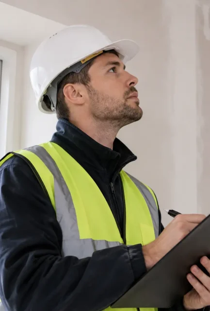 An expert surveyor in a hard hat and safety vest evaluating a residential property ceiling to prepare a fixed asbestos removal quote in Surrey.