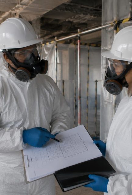 UKATA-trained asbestos removal operatives in full PPE reviewing documentation inside a sealed containment enclosure in Surrey