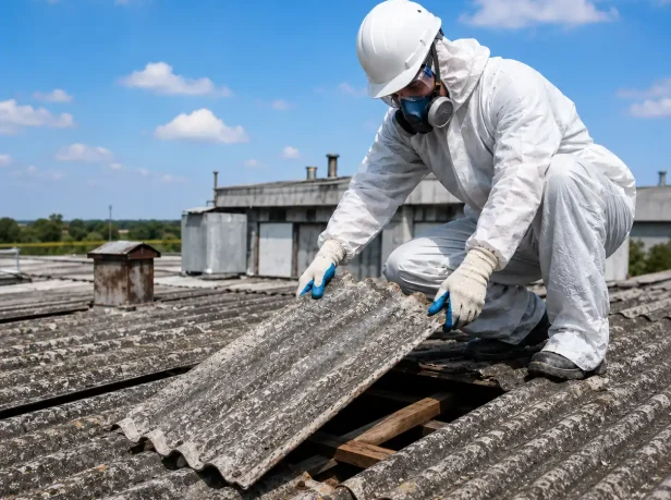 A UKATA-trained operative in full protective clothing carefully lifting corrugated asbestos cement sheets during a safe removal project in Surrey.